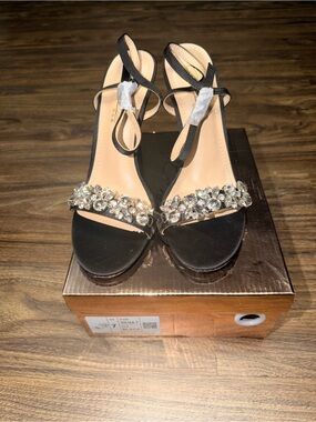 Crystal-Embellished Black Ankle-Strap Heels